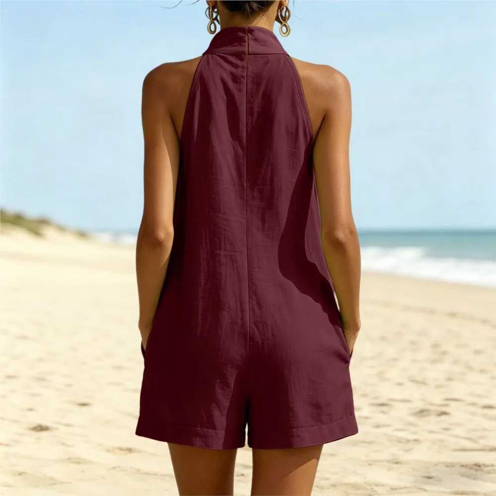 2026 Women's Clothing New Summer Solid Color Halter Neck V-neck Sleeveless Jumpsuit Simple Style Casual Trendy Fashion All-match