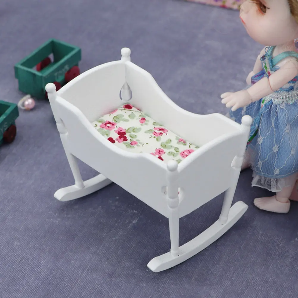 

1Pcs Mini Cradle White High Quality Wood Handmade Small Cradle for Tiny House Decoration DIY Accessories Realistic Furniture