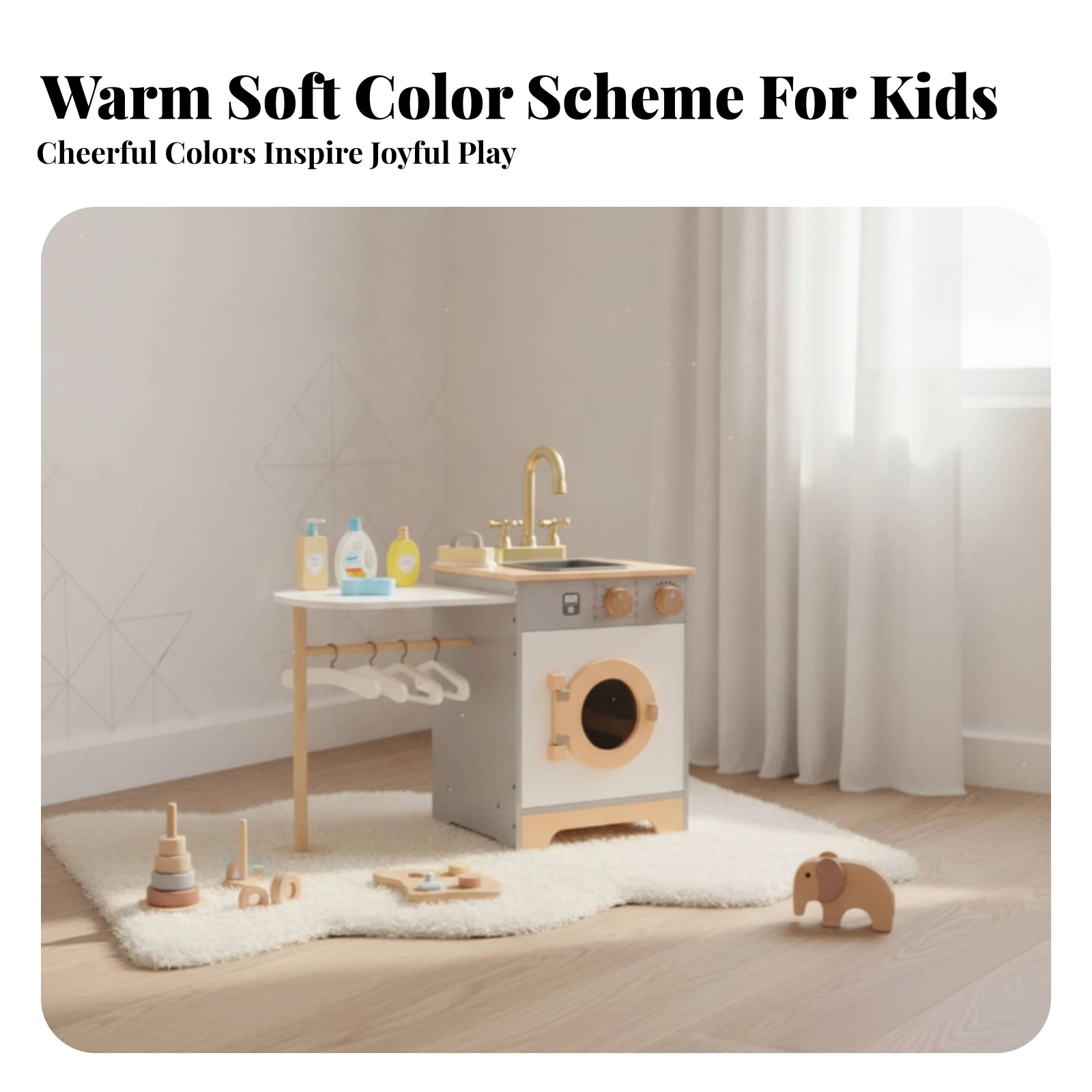 Wooden Washing Machine Kids Plaything Compact Pretend Washing Machine Hanging Rail Open and Close Doors Wooden Laundry Set