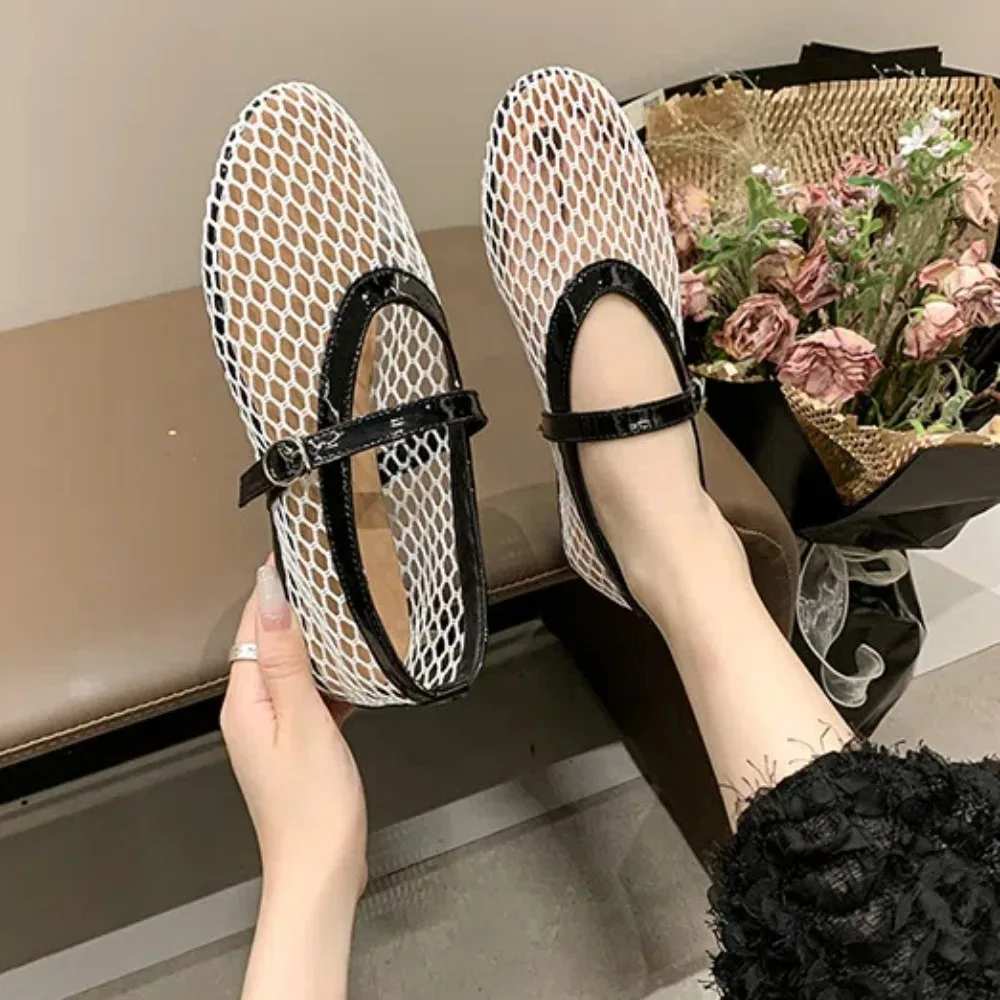 PU Leather Hollow Flat Sandals Black Breathable Single Buckle Ballet Shoes White Anti-slip Fishing Net Loafers Girls