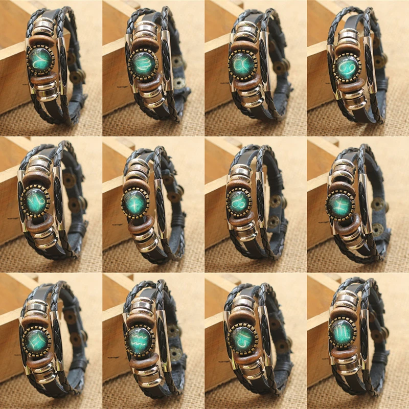 Fashion Punk Men Jewelry 12 Horoscope Leather Bracelet Retro Wooden Bead Charm Bracelet Female Male Jewelry Gifts Wholesale image 3