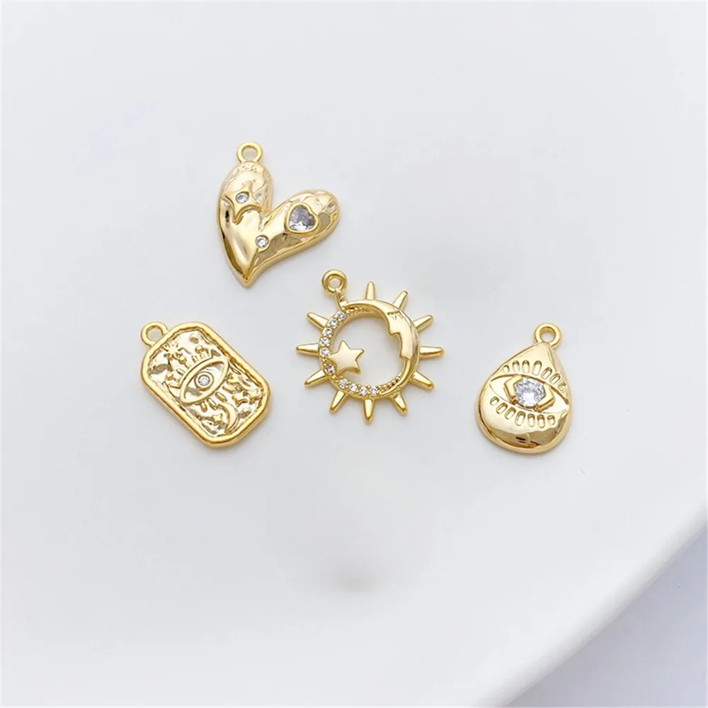 14K Gold Inlaid with Zirconium Hearts Water Drops Flowers Button Pendants Handmade DIY Bracelets Necklaces Earrings Accessories