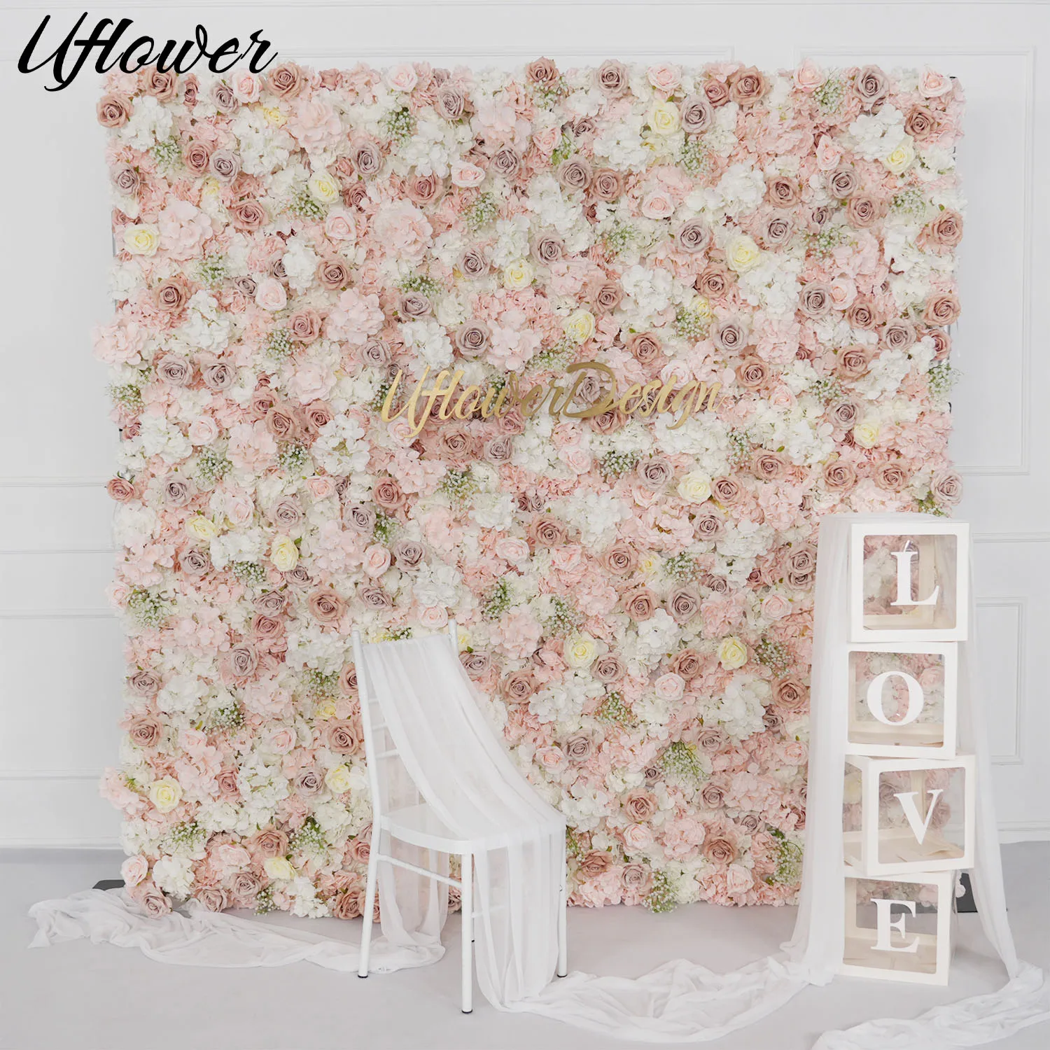 Uflower Luxury Pink White Rose Hydrangea 3D Flower Wall Wedding Party Backdrop Props Gypsophila Arrangement Hanging Decoration