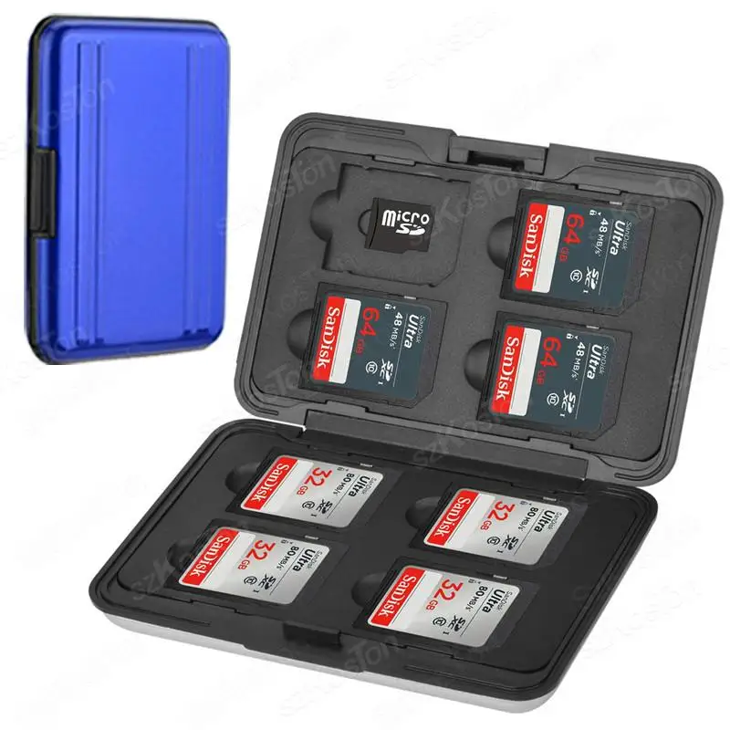 Caja de transporte de aluminio resistente a los golpes, estuche de almacenamiento para tarjetas de memoria, soporte de 8 ranuras para tarjetas SD, SDHC, MMC, Micro SD, TF