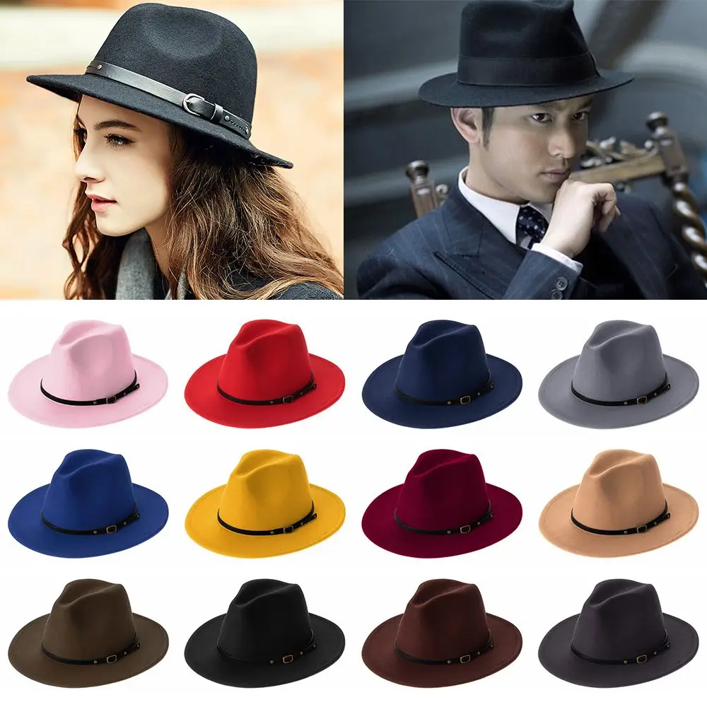 Vintage Autumn Winter with Belt Buckle Felt Fedora Hats Cowboy Hat Outback Hat Panama Jazz Hat