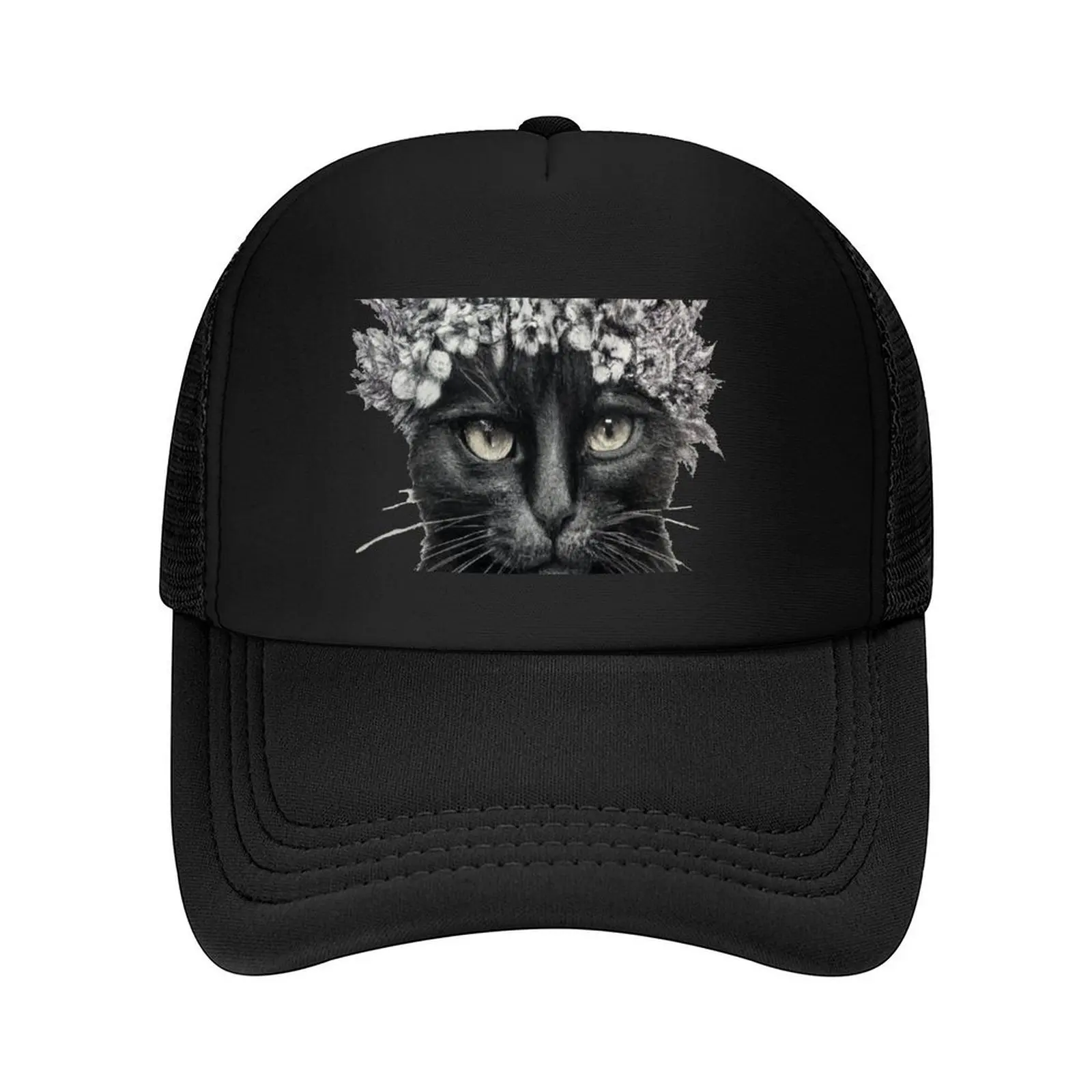 

Pencil Sketch Art of Black Cat in Flower Crown Baseball Cap Luxury Brand Brand Man cap Hood Anime Hat Hats For Women Men's