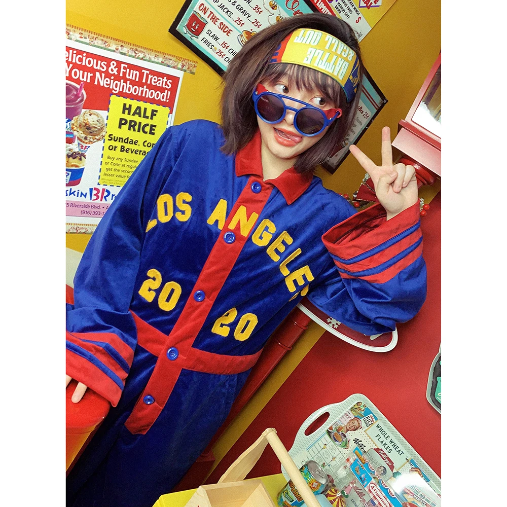 

Женский комбинезон с высокой талией, свободного кроя, в американском студенческом стиле, повседневный, с цветными блоками (красный, синий), прямые штанины, из хлопка