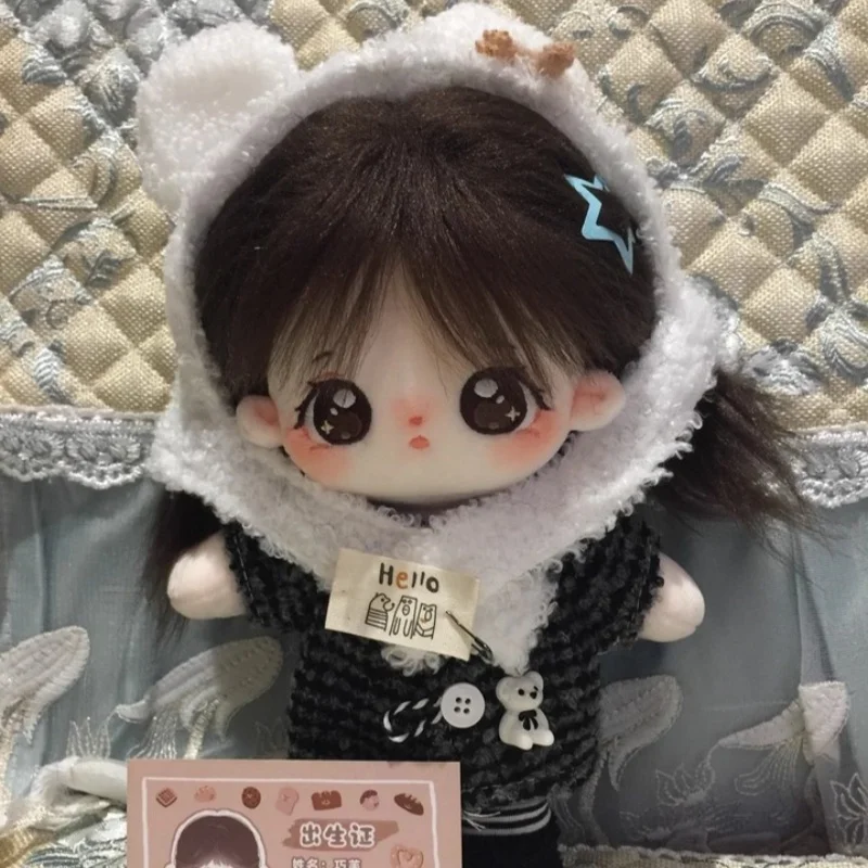 20cm With Skeleton Cotton Doll Qiaofu Doll Clothes Set Plush Doll Checkered Top Cute Ear Hat Scarf Crossbody Bag Fleece Shoes