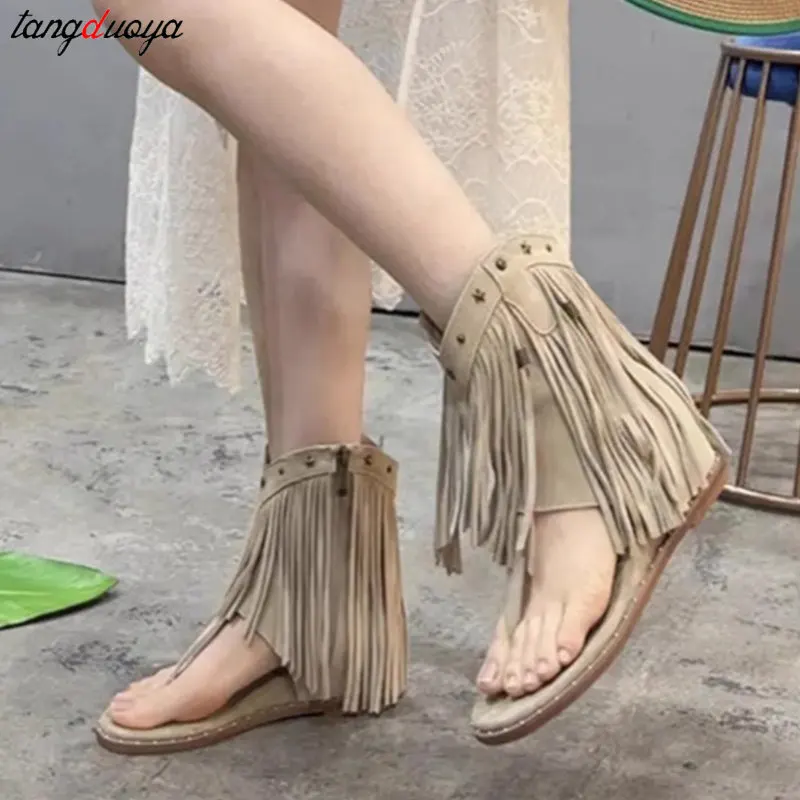 Retro Western Denim Flat Sandals Women 2024 new Fringed Studded Side Zip Sandalias Ladies Roma Style summer Vacation Dress Shoes