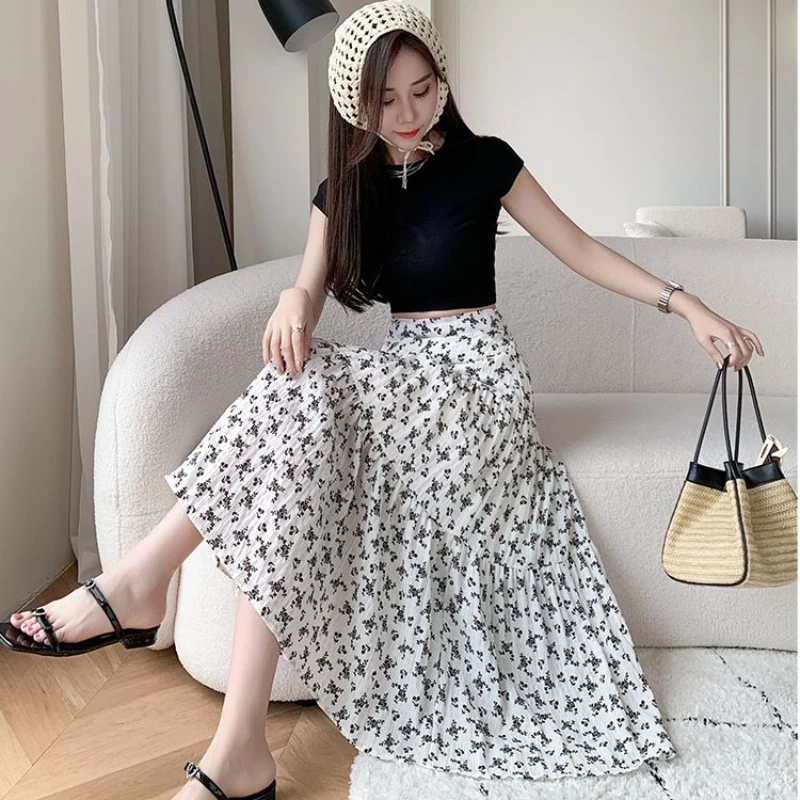 Elegant Floral Print Long Skirt Women Summer Korean Elastic High Waist Skirt Female Vintage A-line Beach Holdiay Faldas Mujer