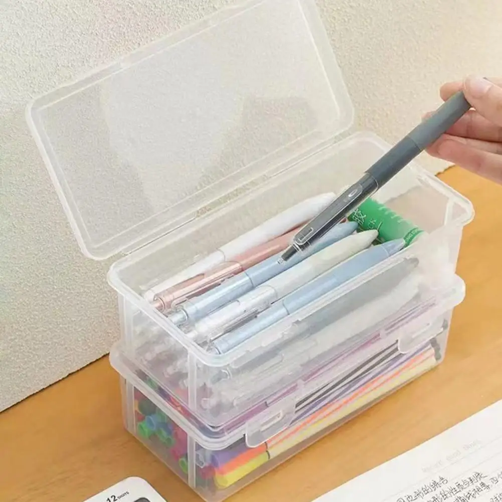 Stackable Pencil Storage Box Transparent Stationery Storage Box Pen Holder Simple Clear Student Desktop Snap-on Lid Pen Case