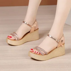 Small Size 33-43 Elegant Crystal Gold Wedding Shoes Woman High Heels 2024 Summer Platform Wedges Sandals for Office Mom Party