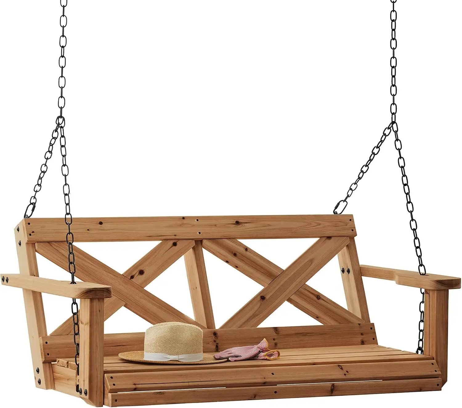 

55' Cedar Wood Farmhouse Porch Swing Bench, Two-Person Seating, Durable Chains, Water-Resistant, 600 Lbs Capacity
