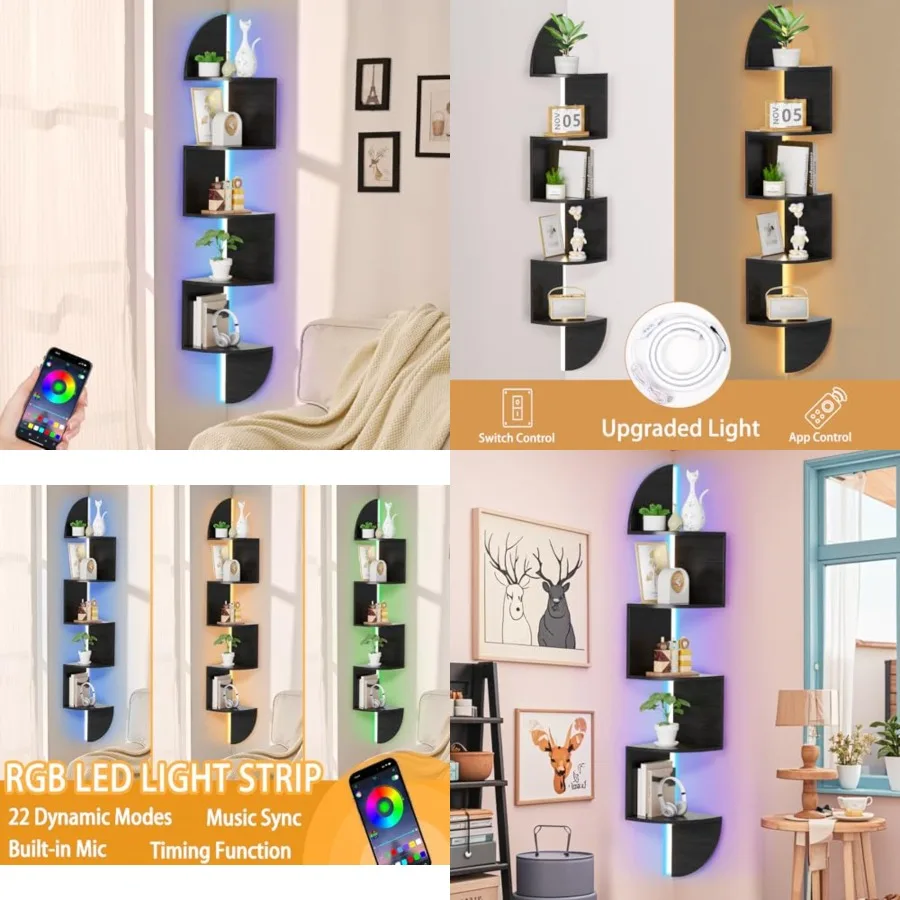

Corner Shelf, 5 Tier Bookshelf with LED Light, Corner Shelf Wall Mounted, Floating Shelves for Wall, Display Stand for Bedroom,
