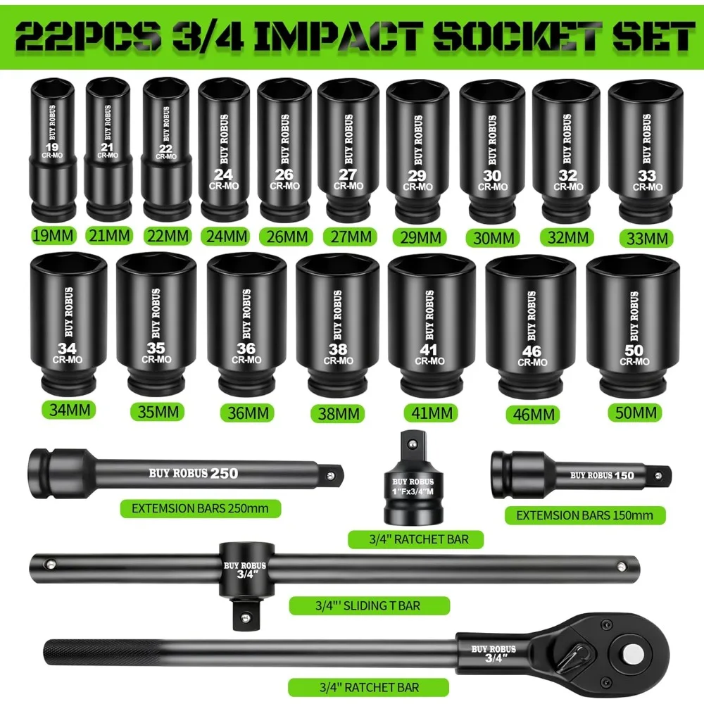 

Набор ударных торцевых головок с приводом 3/4 дюйма, метрический, от 19 мм до 50 мм, 6-гранный, из хромомолибденовой стали, с трещоточным ключом, доставка из США