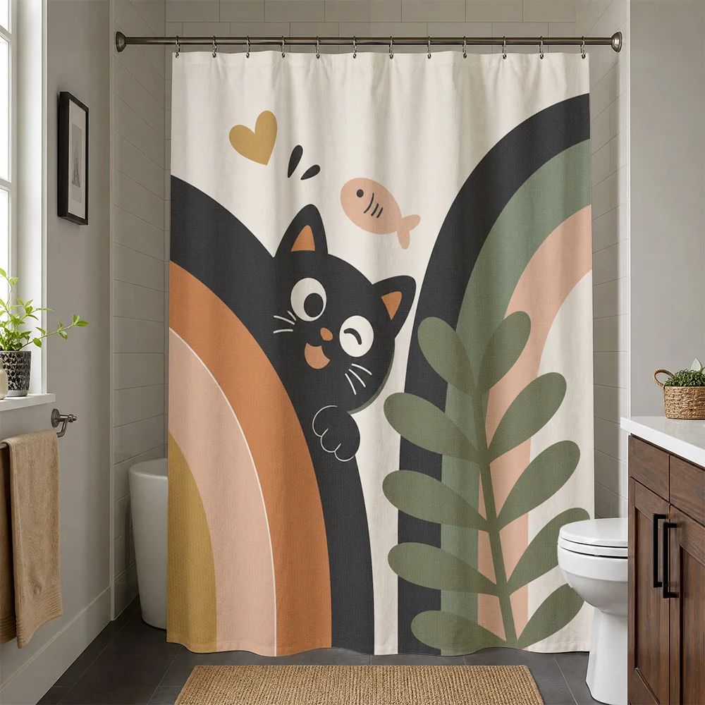 Cute Cartoon Cat Shower Curtain Waterproof Bathroom Decor Nursery Leaves Rainbow Animal Shower Curtain Liner Modern Home Accent