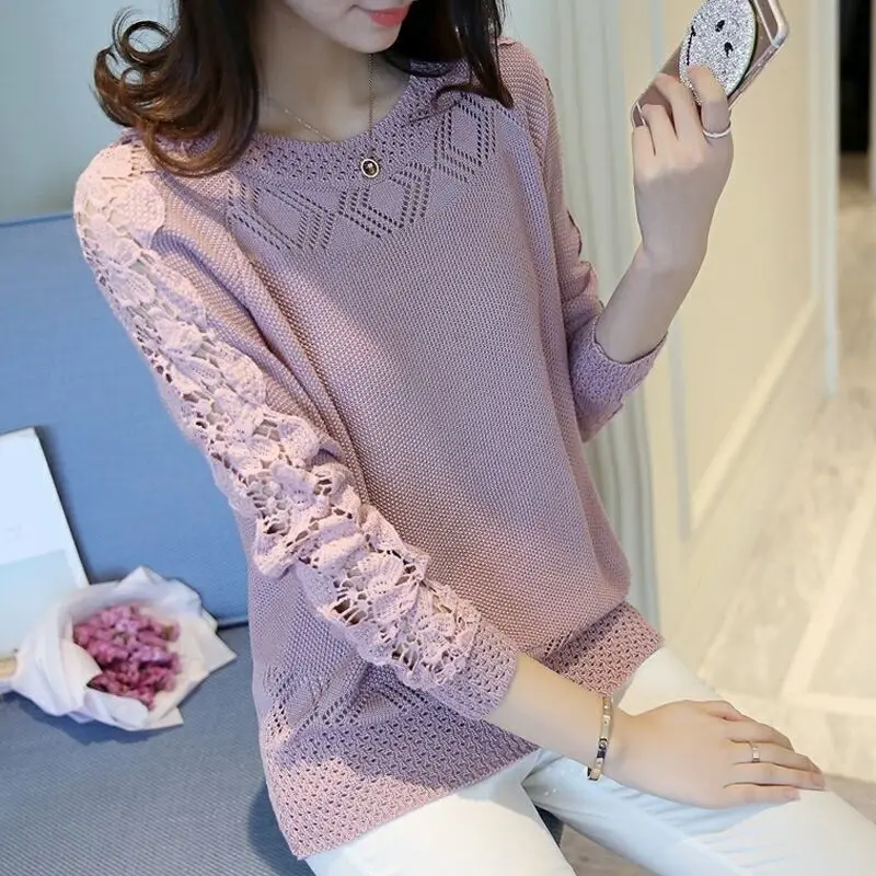 Trendy Autumn Outfit New Round Neck Lace Crochet Long Sleeved Hollow Knit Sweater for Women Loose and Slimming Style