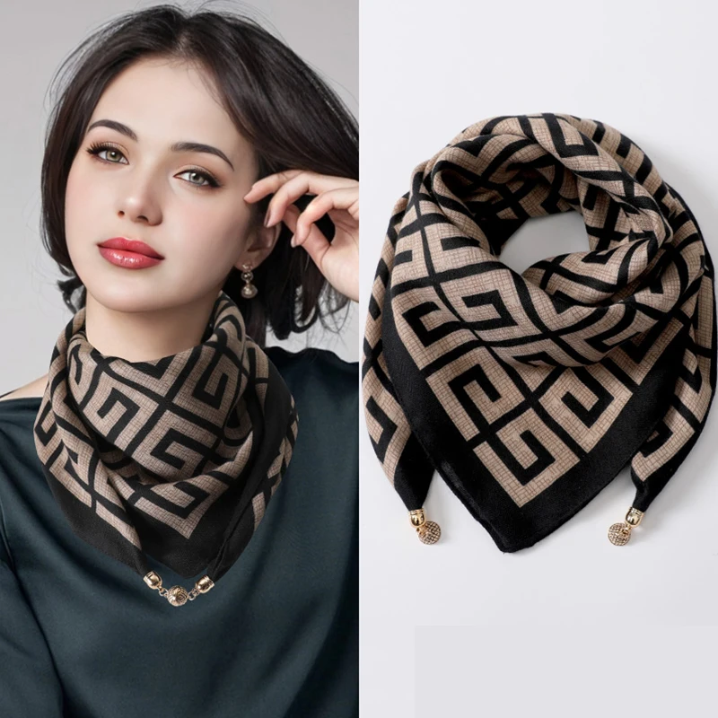 

Autumn and Winter Magnetic Buckle Square Scarf Women's Triangle Neck Protection Scarf Multifunctional Warmth Print Small Scarf