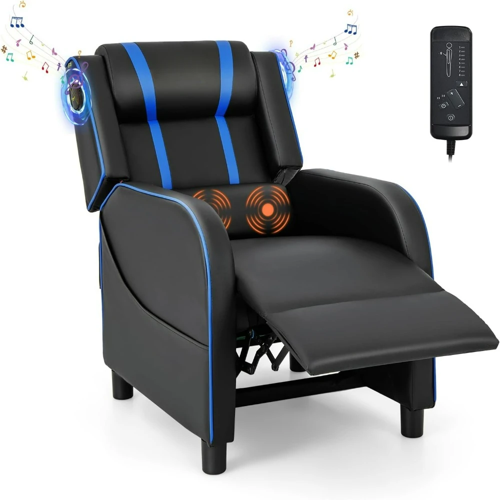 Gaming Massage Recliner Chair, Reclining Backrest, Massage Lumbar Pillow, Retractable Footrest, Seat with Bluetooth Speaker