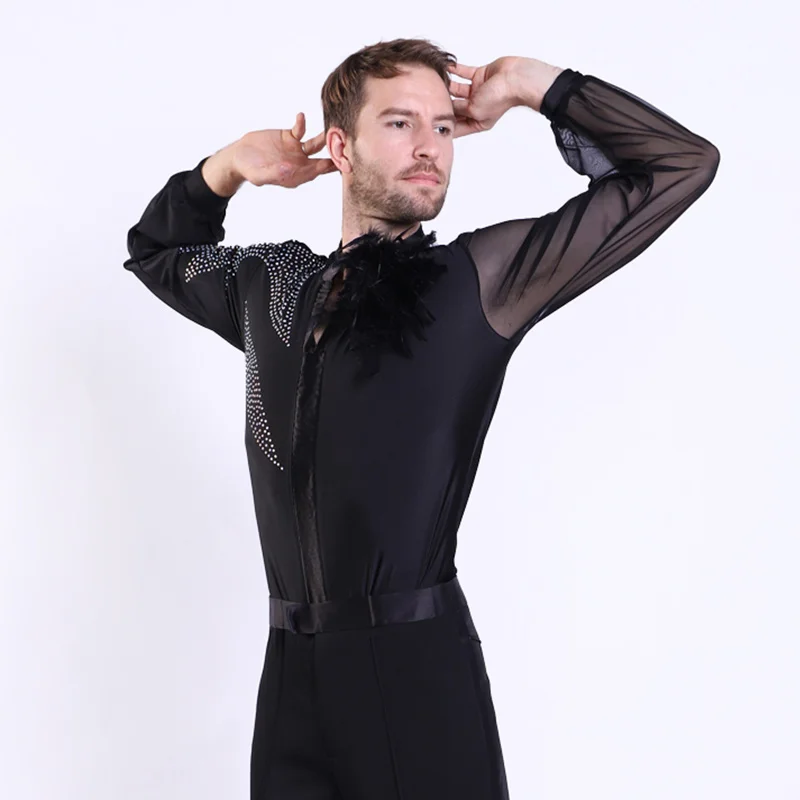 Latin Dance Shirts Men Rhinestone Net Yarn Long Sleeve Competition Men\'s Dance Top Rumba Samba Dancewear Mens