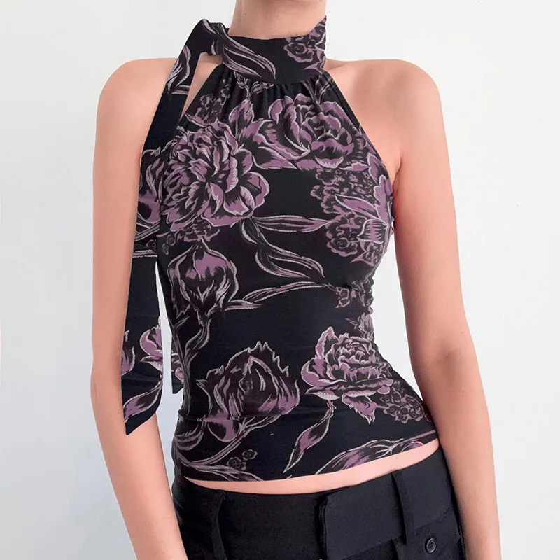 

2025 New European and American Cross border Ins Street Retro Flower Printed High Collar Strap Slim Neck Small Tank Top