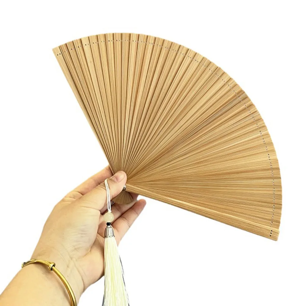 Chinese Style Folding Bamboo Fan Portable Solid Color Tassel Folding Fan Classical Exquisite Women's Folding Fan