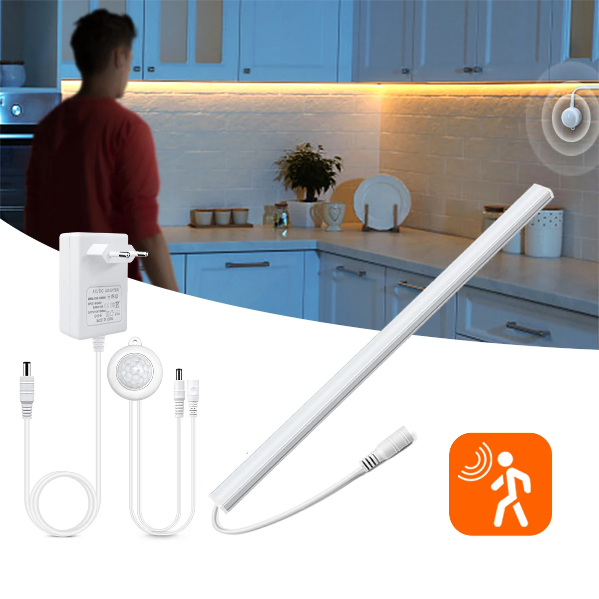 

Световая панель с датчиком движения PIR, алюминиевая светодиодная жесткая лента, светодиодная лампа для кухни, спальни, шкафа, внутреннего освещения - с вилкой европейского стандарта