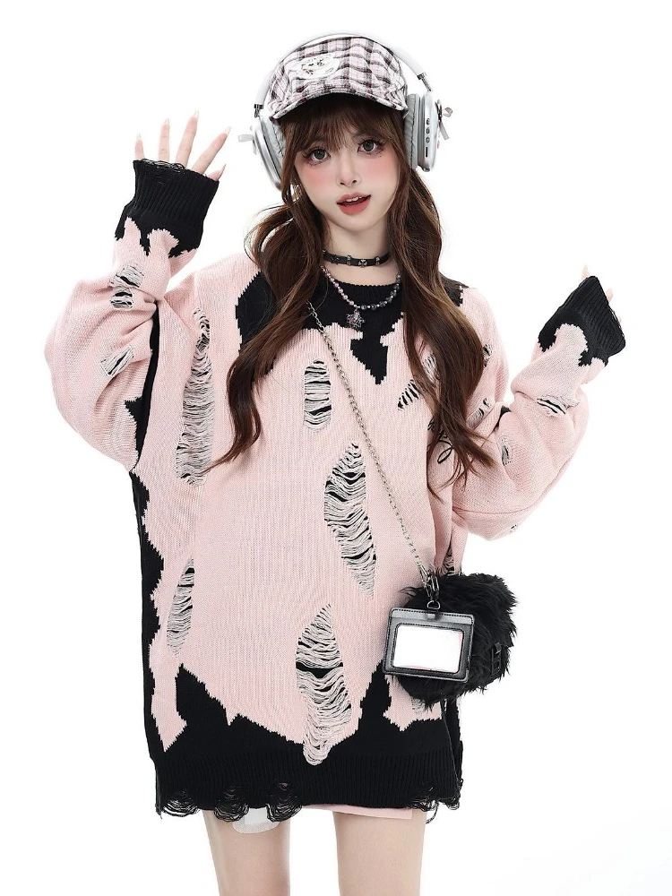 QWEEK Y2k Coquette Grunge Hollow Out Sweater Oversize Streetwear High Street Gothic Goth Harajuku Pullovers 2024 Autumn Fashion