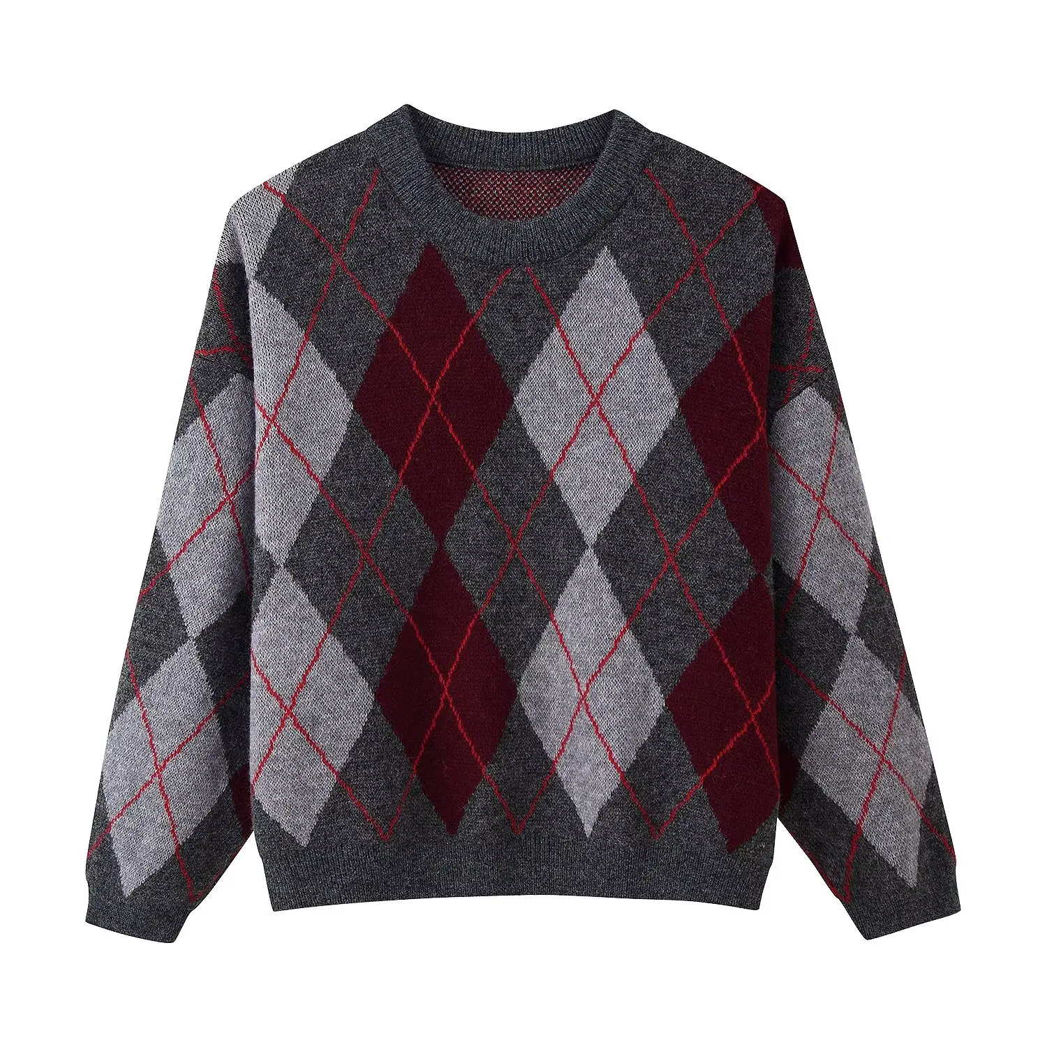 Pull rétro à manches longues et col rond pour femme, vêtement rétro avec grille de diamant contrasté, nouveau style de tempérament, automne et hiver