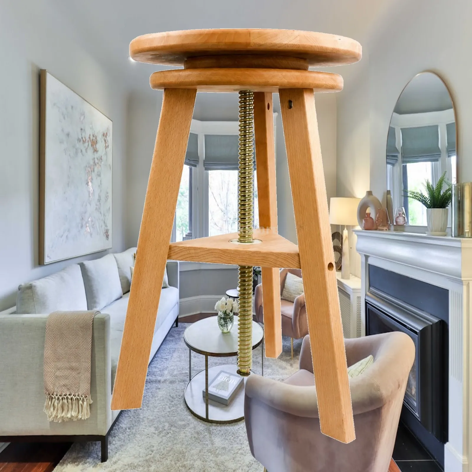 Natural Beech Rotating Art Chair with Angled Legs and Shelf for Creative Studio Drawing Work