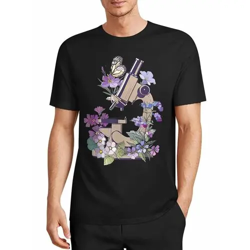 Elegant Purple Watercolor Tones Blend into Flowers and Leaves, Transforming Hard-Core Research Equipment into a Warm Artistic Image, Adding a Touch of Natural Healing Poetry to the Daily Routine of Desk-Bound Research. Loose-Fitting Short-Sleeved Top with Black Background