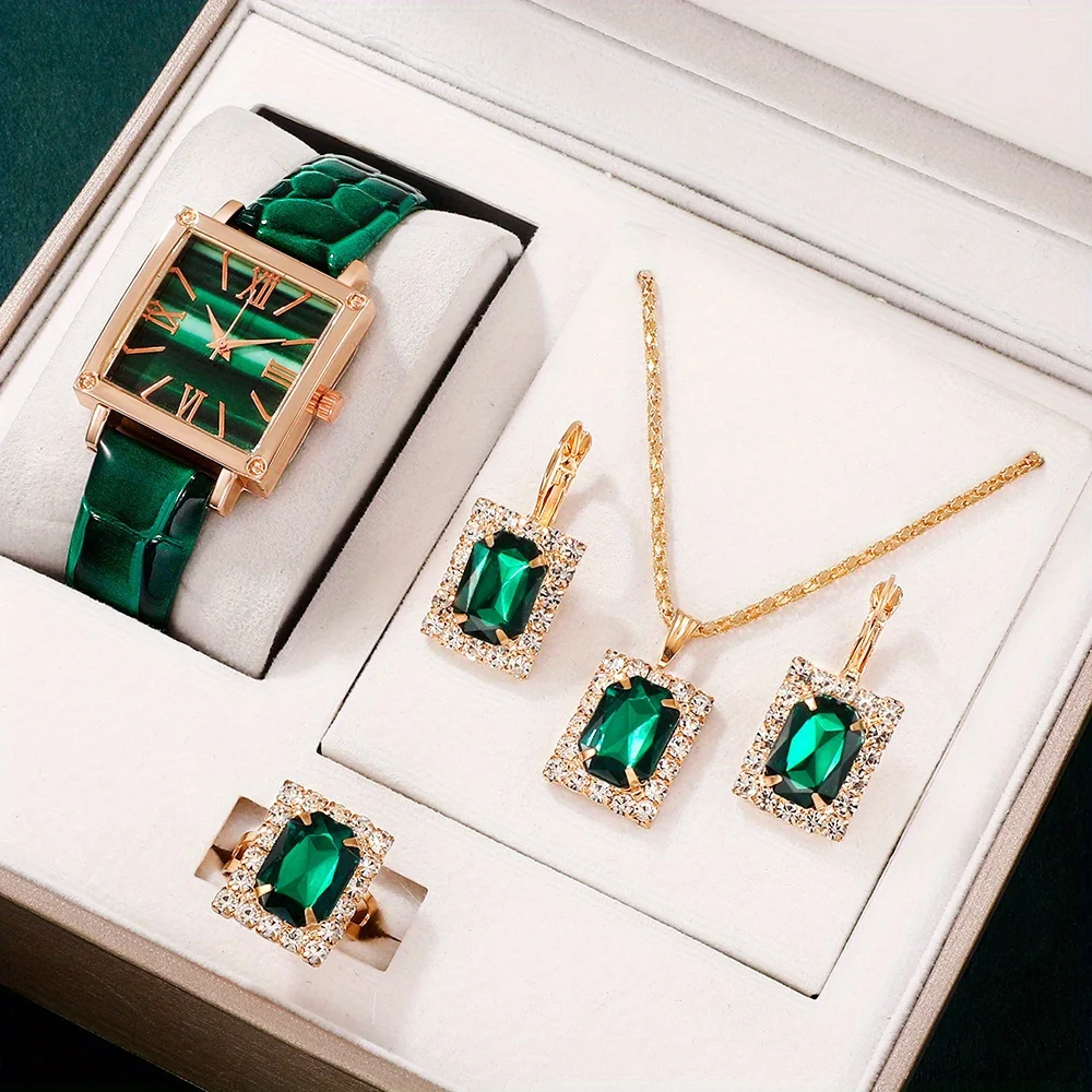 5pcs/set Women\'s Watch Vintage Square Pointer Quartz Watch Analog Green Wrist Watch & Rhinestone Jewelry Set, Gift For Mom Her