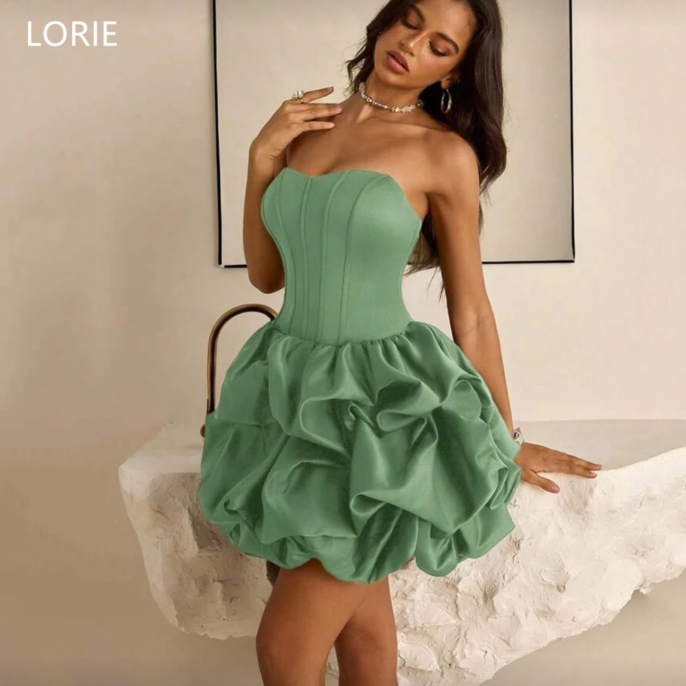

LORIE Chic Mini Green Satin Party Dresses Strapless Sleeveless Evening Prom Dress Pleats Lace-Up Cocktail Dress Customized