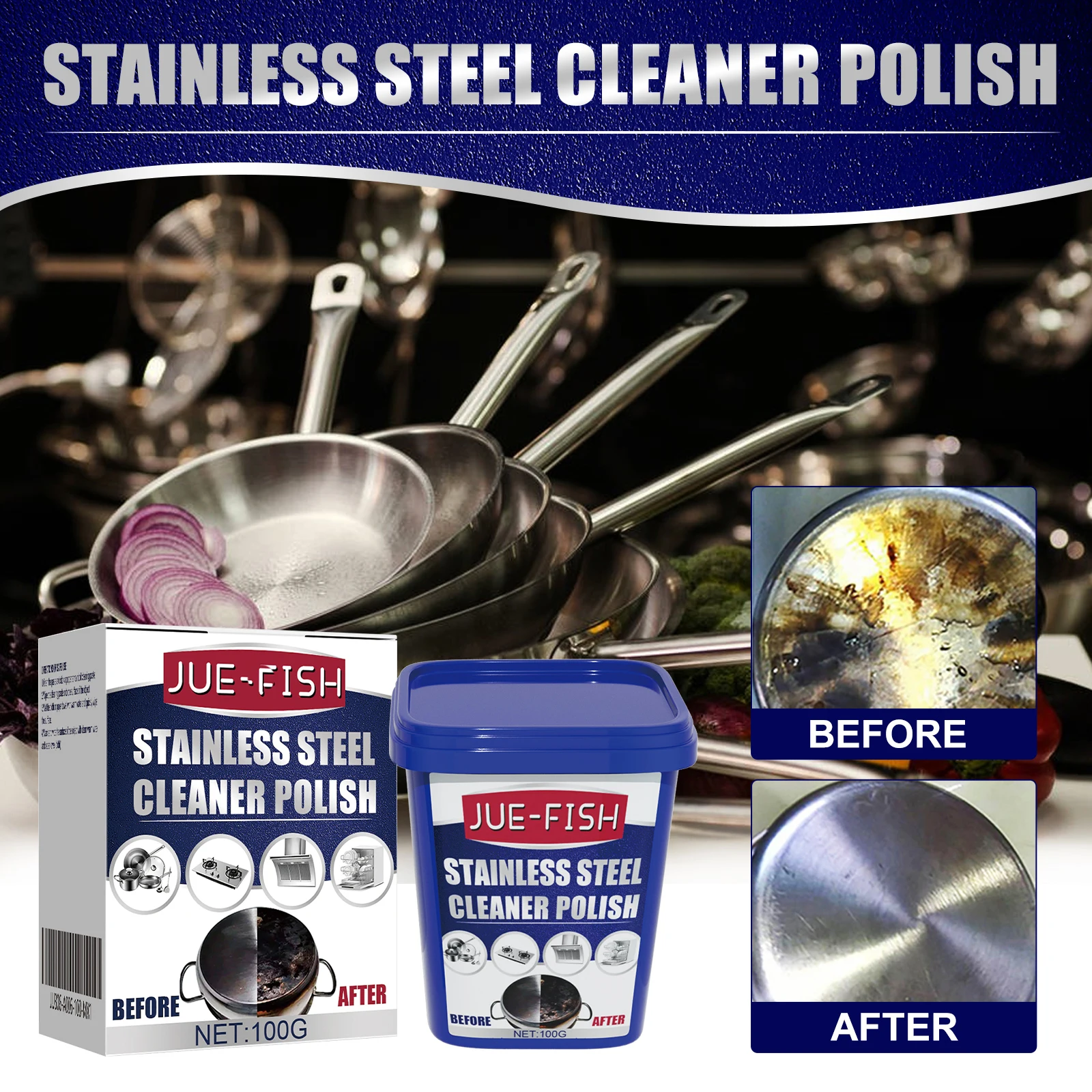 100g Stainless Steel Cleaner Paste Rust Stain Remover Oven Cookware Pot Bottom Black Grime Heavy Duty Kitchen Cleaning Paste