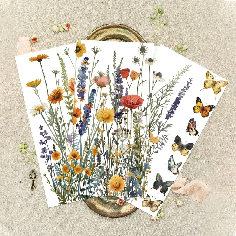 3Pcs Wildflowers Furniture Transfer 6x12inch Butterflies and Flowers Rub on Transfer Self-Adhesive Wall Art Decals for Bedroom