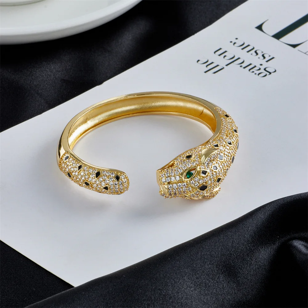 European and American fashion copper-plated 18K gold zircon leopard head Bracelets for women wrist jewelry party jewelry bangles