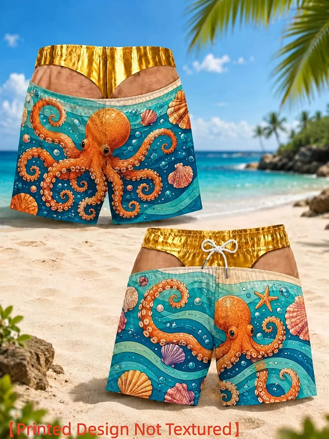 Men Funny Optical Illusion Swim Trunks Gold Fake Thong Boardshorts Blue Tie Dye Print Beach Shorts