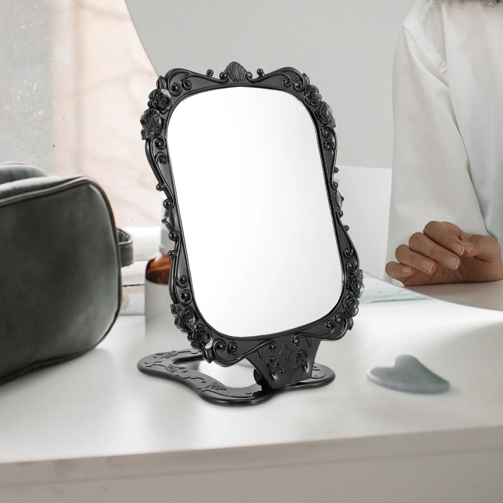 Oval Folding Makeup Mirror High-Grade Clear Glass with Decorative Floral Rim European Vintage Style Distortion-Free Imaging
