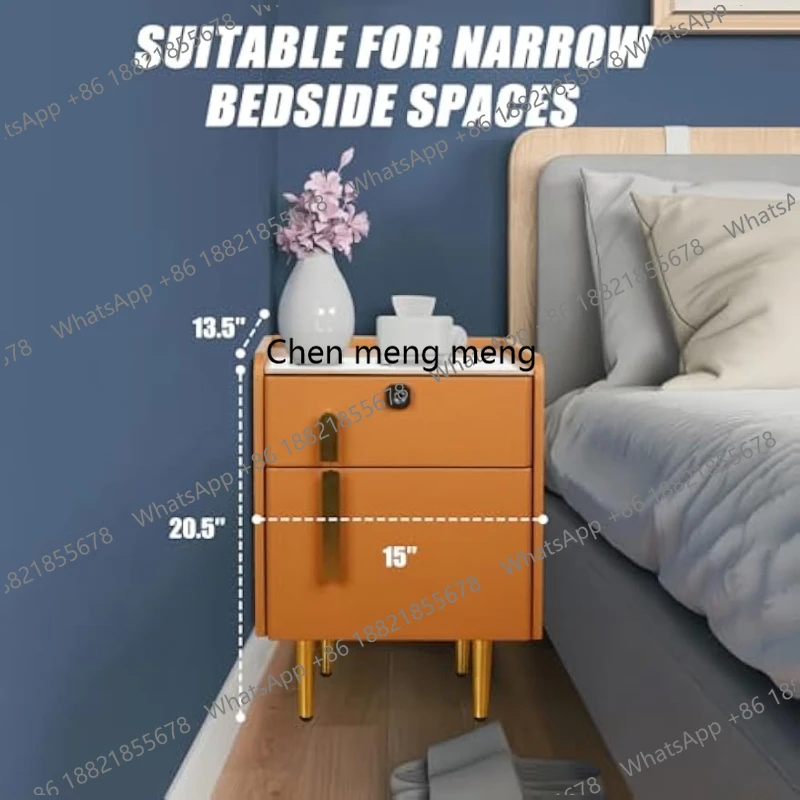Smart Nightstand with Hidden Safe and Fingerprint Locking Drawer Leather Marble Tabletop for Bedroom Modern USB Charging Orange