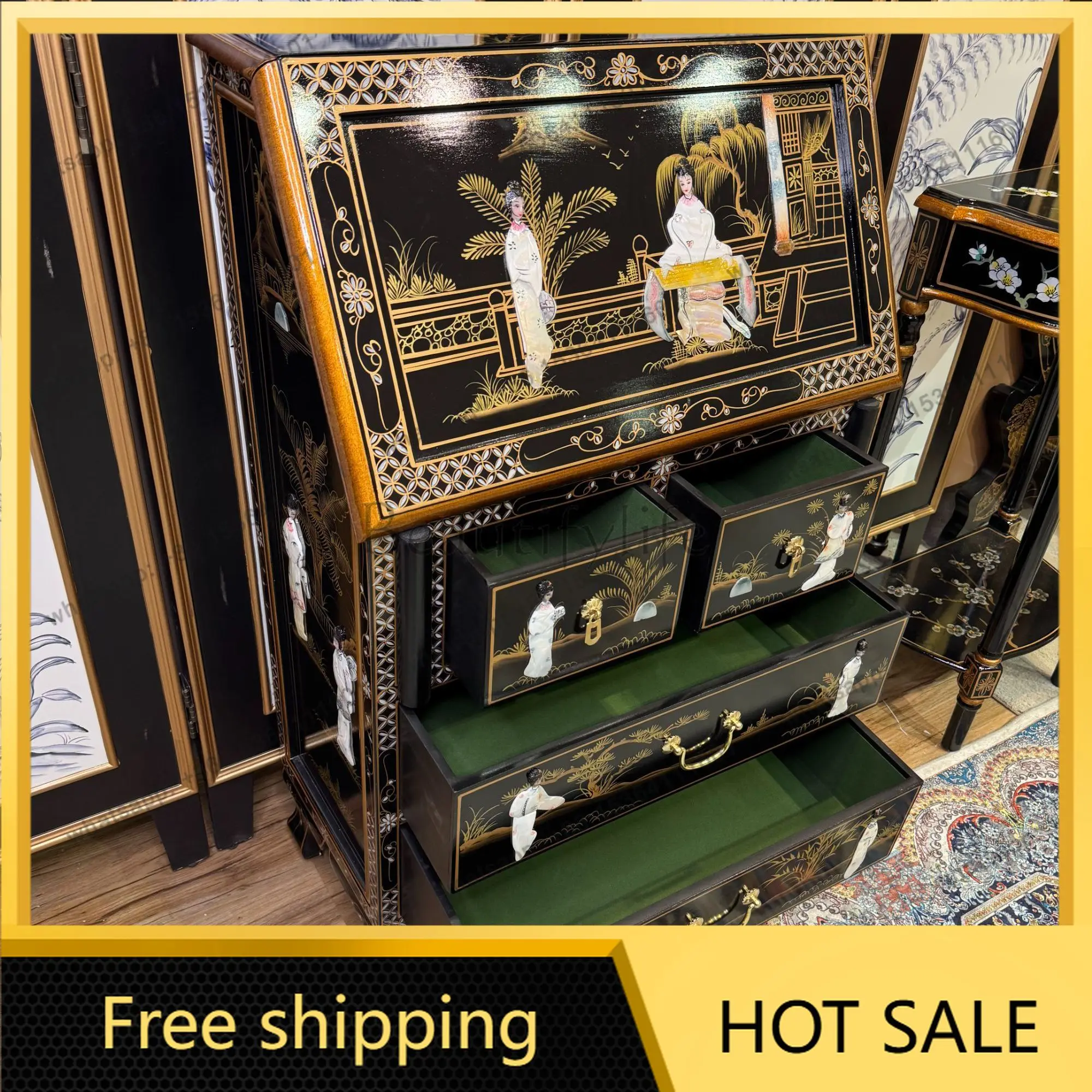 LD new Chinese-style retro shell carving entrance cabinet hand-painted court fairy piano paint flip cabinet
