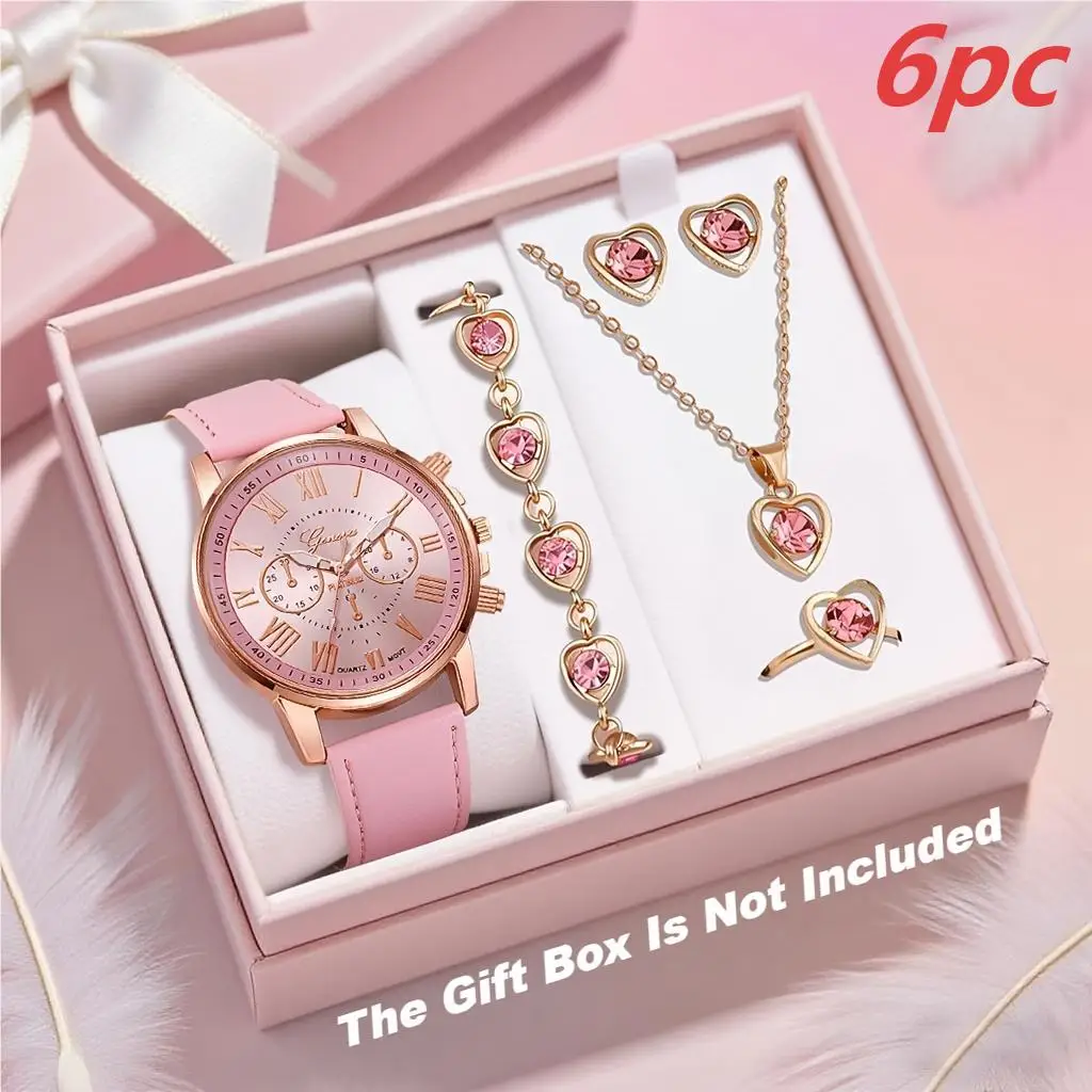 6PC Set Fashionable Elegant Multi-Function Ladies Quartz Watch with Various Color Options + Matching Jewelry Accessory Set No Gi
