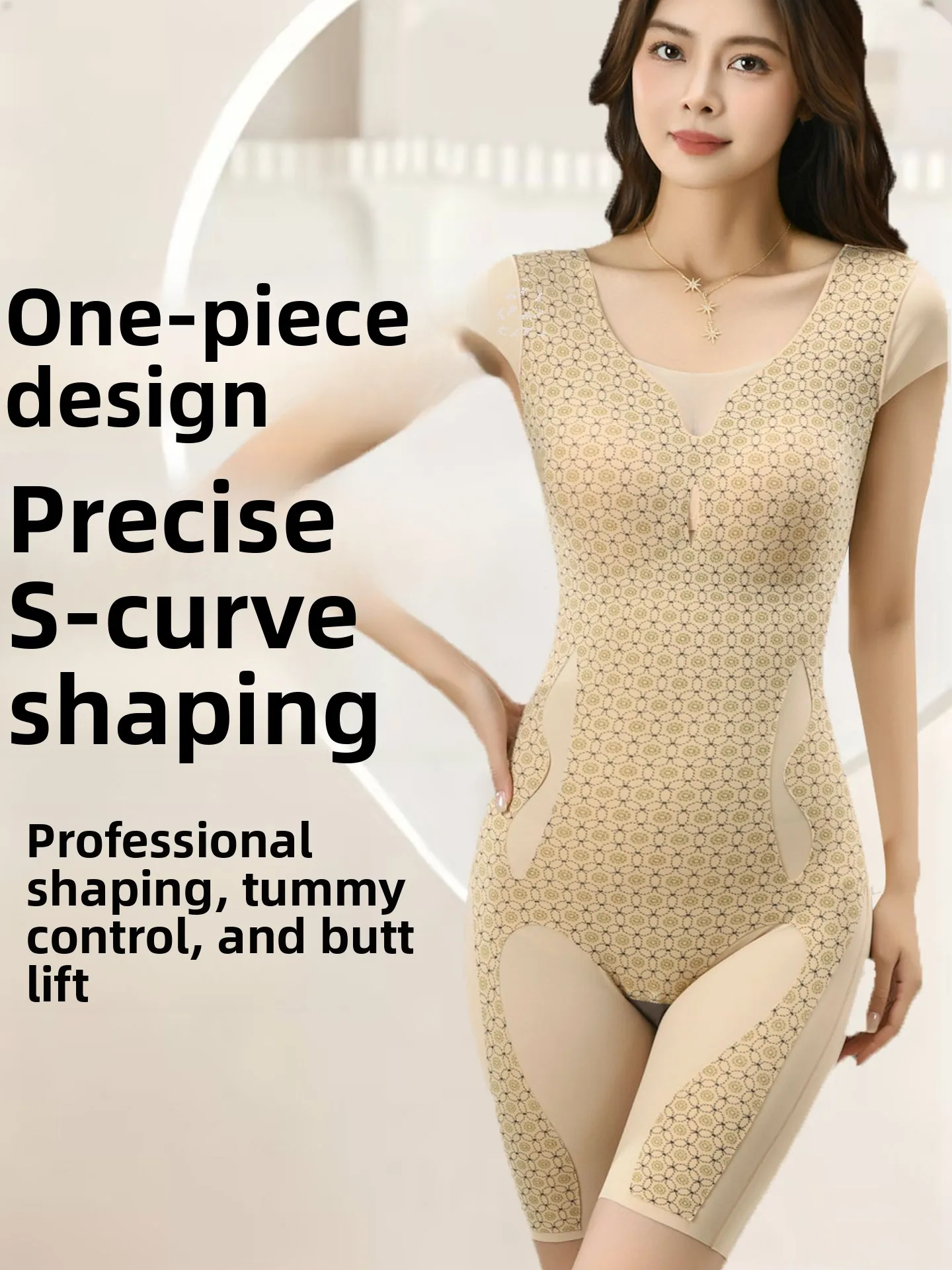 Wireless Postpartum Shaping Bodysuit Backless Lace Trim Short Sleeve V-Neck Nylon Fabric Soft Stretchy Thin Three-Quarter Length