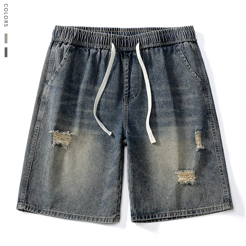 

Summer Men's Denim Shorts Hip Hop Ripped Rock Streetwear Loose Straight Knee-length Jeans Elastic Waist Vintage Wash Short Pants