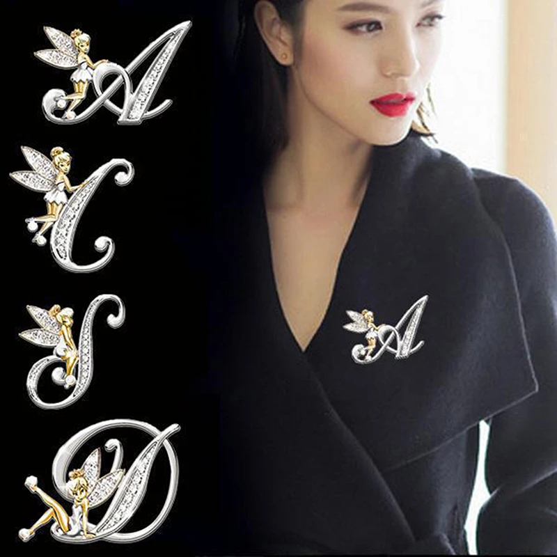 New Metal Crystal English Letter Word Brooch Elf Angel Lapel Pin Suit Shirt Collar Pins Brooches for Women Accessories