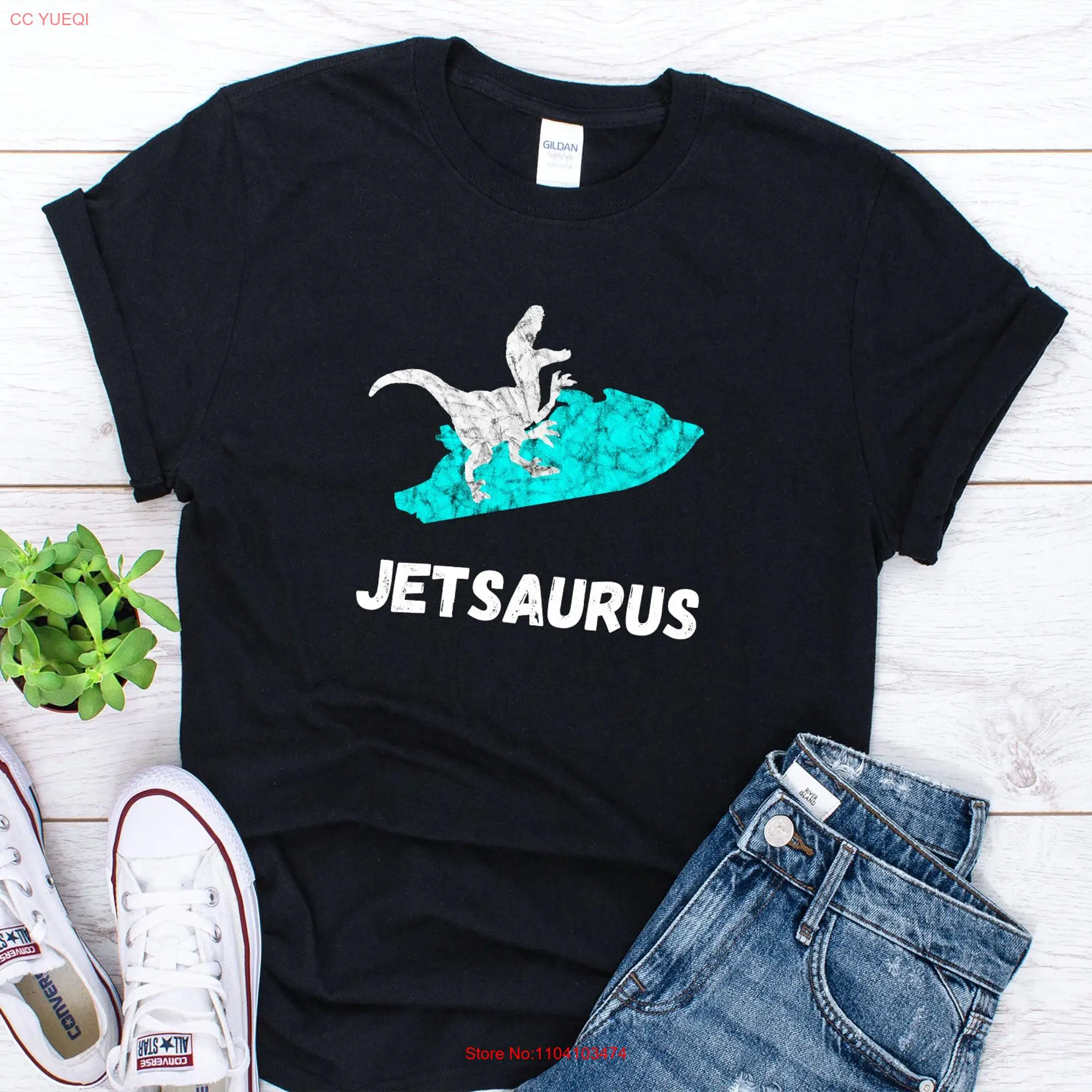 Funny Jetski Dinosaur T Shirt Jet Skiing Water Ski Boating Rider Lover Sports long or short sleeves