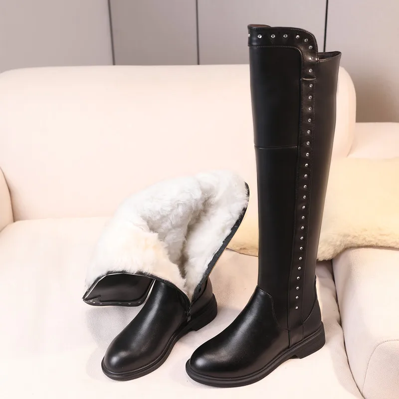 

Over The Knee Boots Ladies Winter Wool Warm Genuine Leather Shiny Fashion Ladies Knee Boots Large Size Female Riding Boots