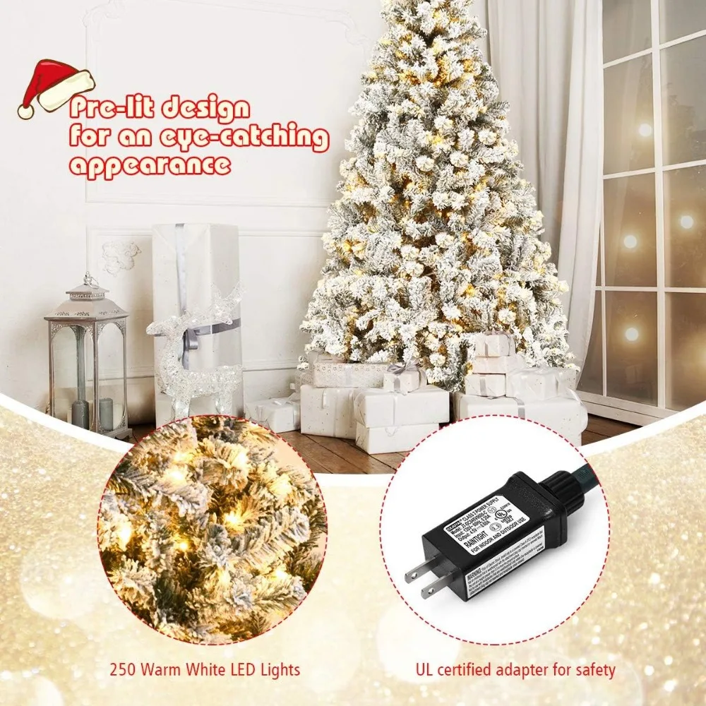 Árvore de Natal de pinho articulada flocada à neve em PVC premium de 6 pés com suporte de metal e luzes LED
