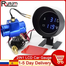 Car Water Temperature Gauge + Water Temp Sensor 10mm With Radiator Joint Pipe Adapter Digital Voltmeter Temp Meter 2 in 1