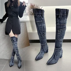 2022 Sexy Jean Boots Women's Knee-High Boot Zipper 6CM High Heel Woman Stylish Jeans Boots Ladies Denim Boot Female Shoes Cowboy