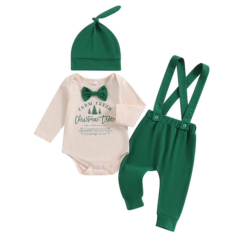 

Baby Boy Christmas Set Letter Tree Print Bow Tie Long Sleeve Romper Long Overall Pants Hat Outfits